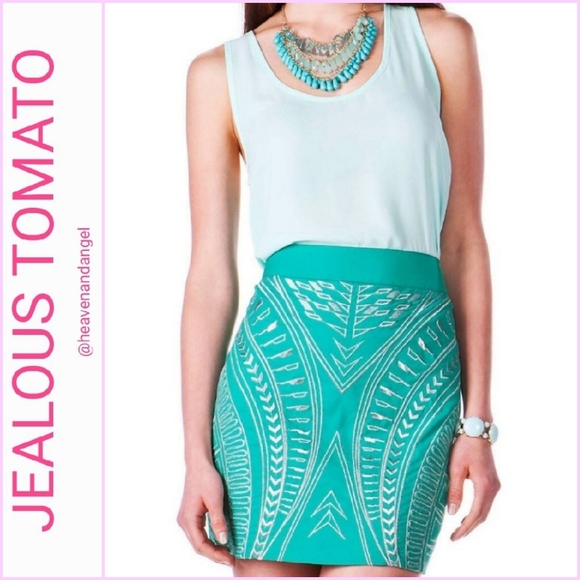 Jealous Tomato Dresses & Skirts - Jealous Tomato Green & Metallic Silver Embroidered Aztec Skirt